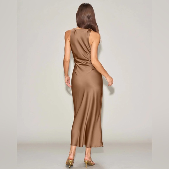 RIHOAS Coffee Satin Boat Neck Slip Midi Dress L/6 - Picture 2 of 5